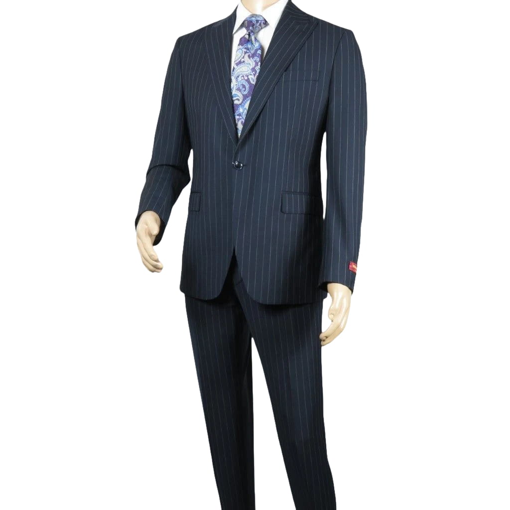 Men Suit BERLUSCONI Italian Wool 180's Pin Stripe One Button Peak UGS95-01 Navy