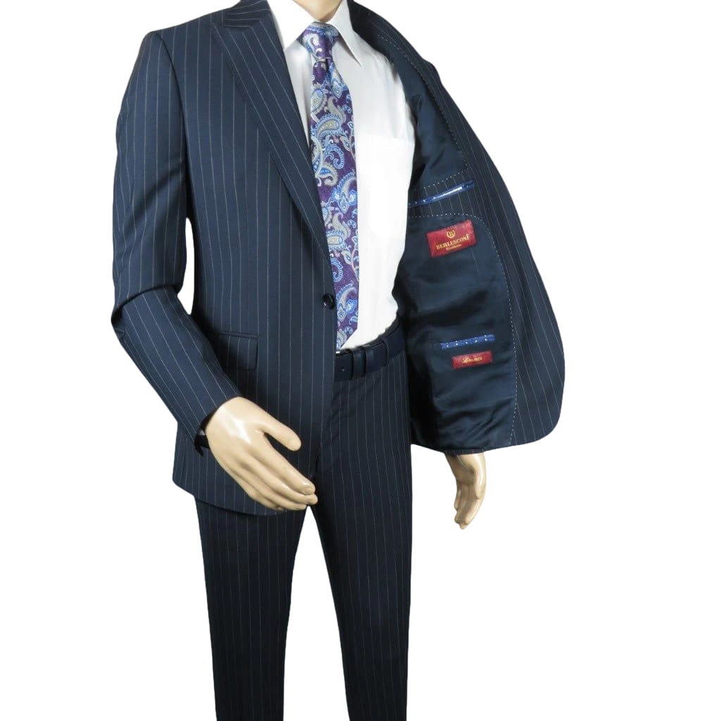Men Suit BERLUSCONI Italian Wool 180's Pin Stripe One Button Peak UGS95-01 Navy