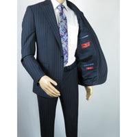 Men Suit BERLUSCONI Italian Wool 180's Pin Stripe One Button Peak UGS95-01 Navy