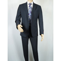 Men Suit BERLUSCONI Italian Wool 180's Pin Stripe One Button Peak UGS95-01 Navy