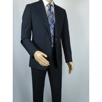 Men Suit BERLUSCONI Italian Wool 180's Pin Stripe One Button Peak UGS95-01 Navy