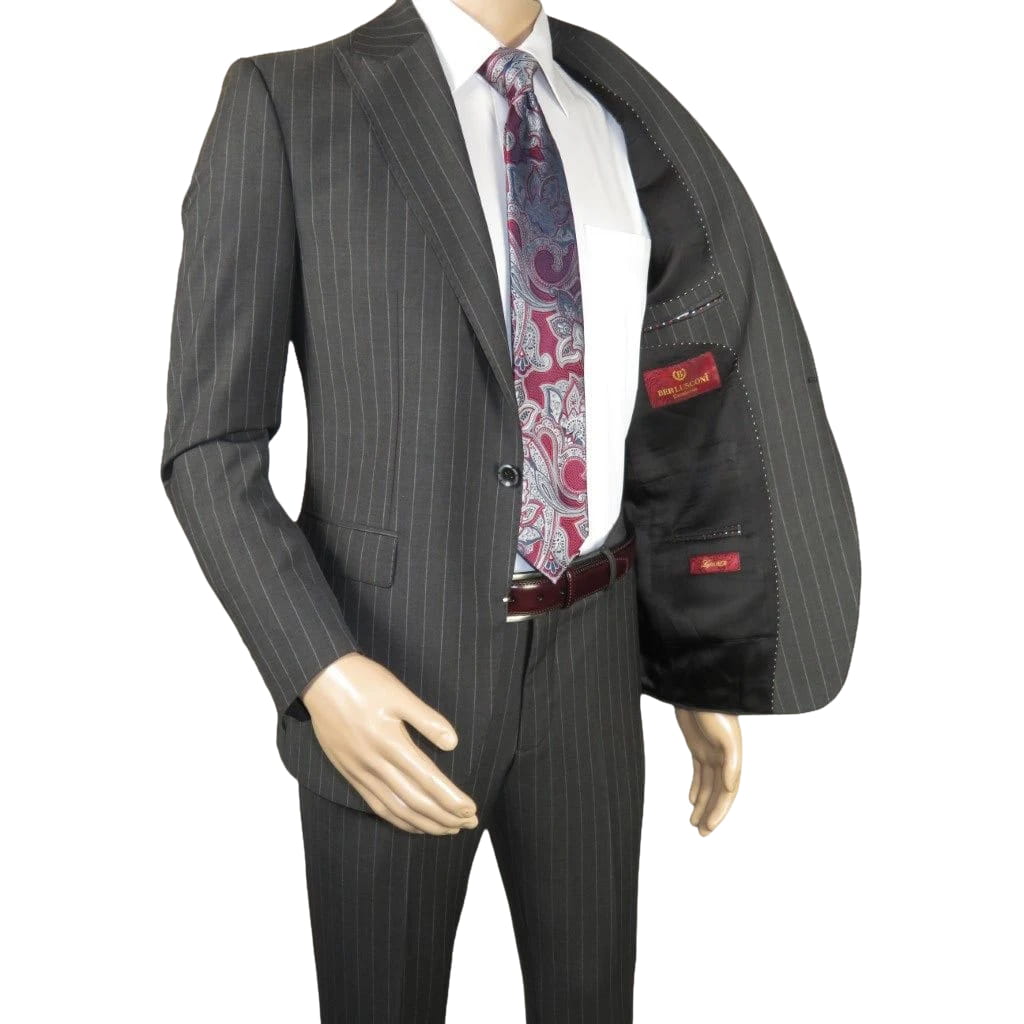 Men Suit BERLUSCONI Italian Wool 180's Pin Stripe One Button Peak UGS95-03 Gray