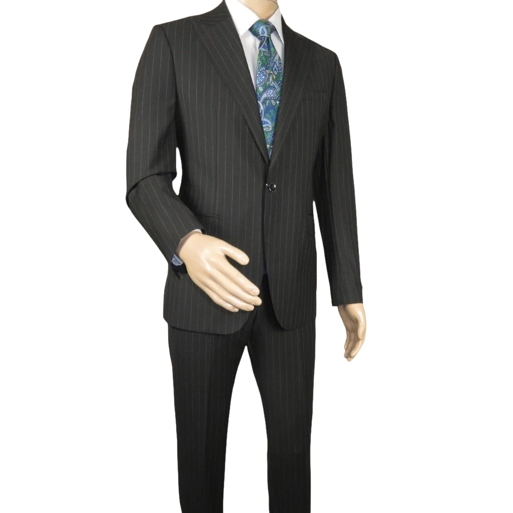 Men Suit BERLUSCONI Italian Wool 180's Pin Stripe One Button Peak UGS95-4 Black