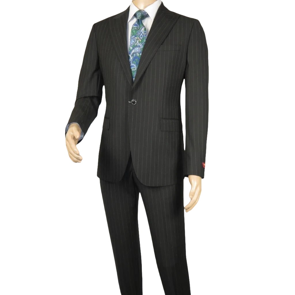 Men Suit BERLUSCONI Italian Wool 180's Pin Stripe One Button Peak UGS95-4 Black