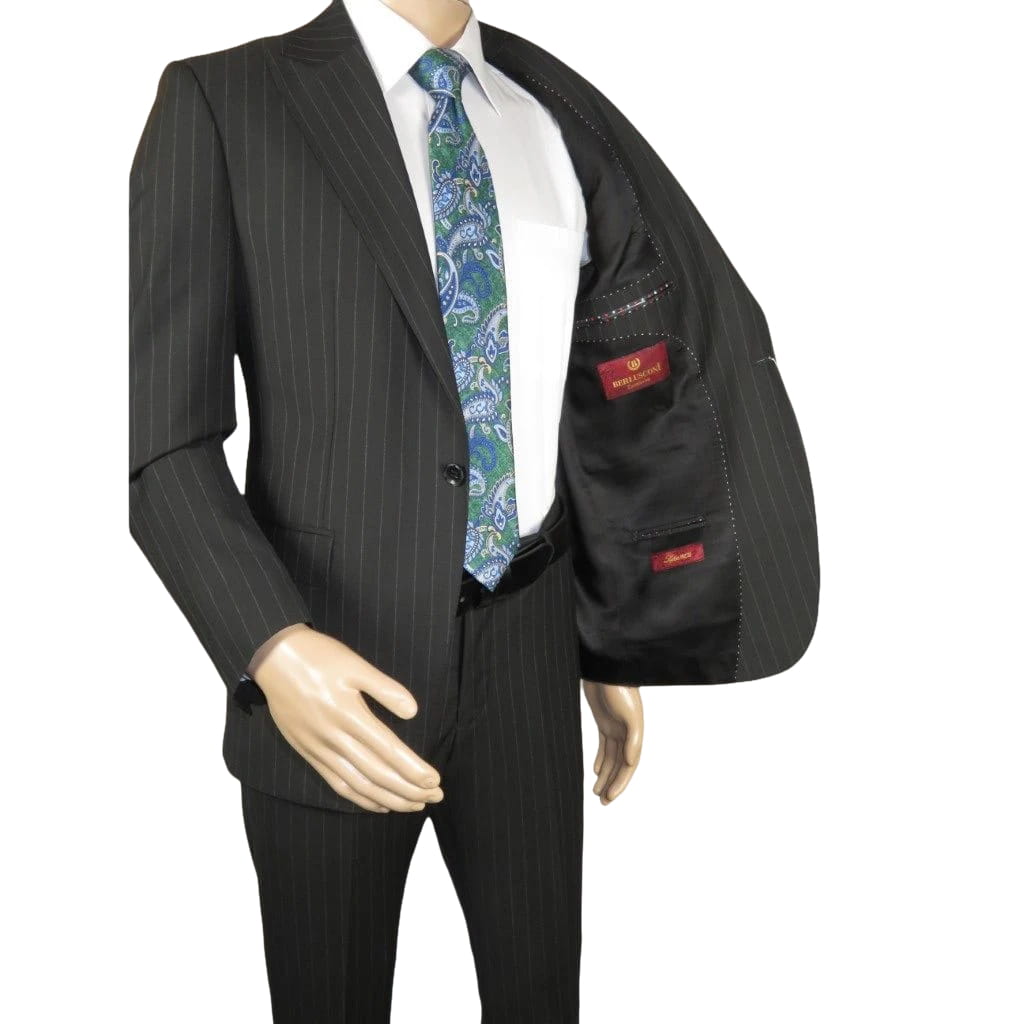 Men Suit BERLUSCONI Italian Wool 180's Pin Stripe One Button Peak UGS95-4 Black