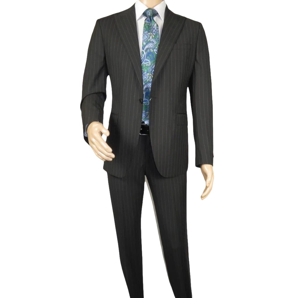 Men Suit BERLUSCONI Italian Wool 180's Pin Stripe One Button Peak UGS95-4 Black