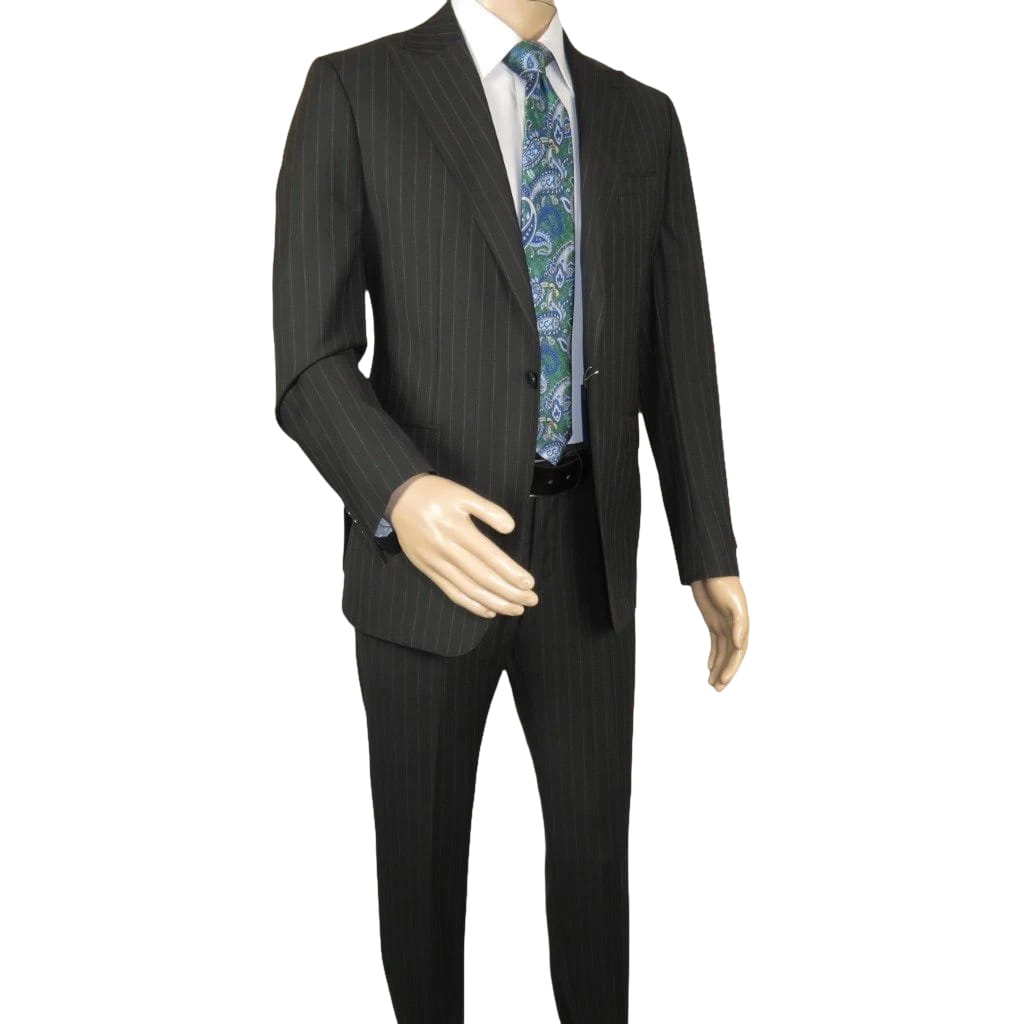 Men Suit BERLUSCONI Italian Wool 180's Pin Stripe One Button Peak UGS95-4 Black