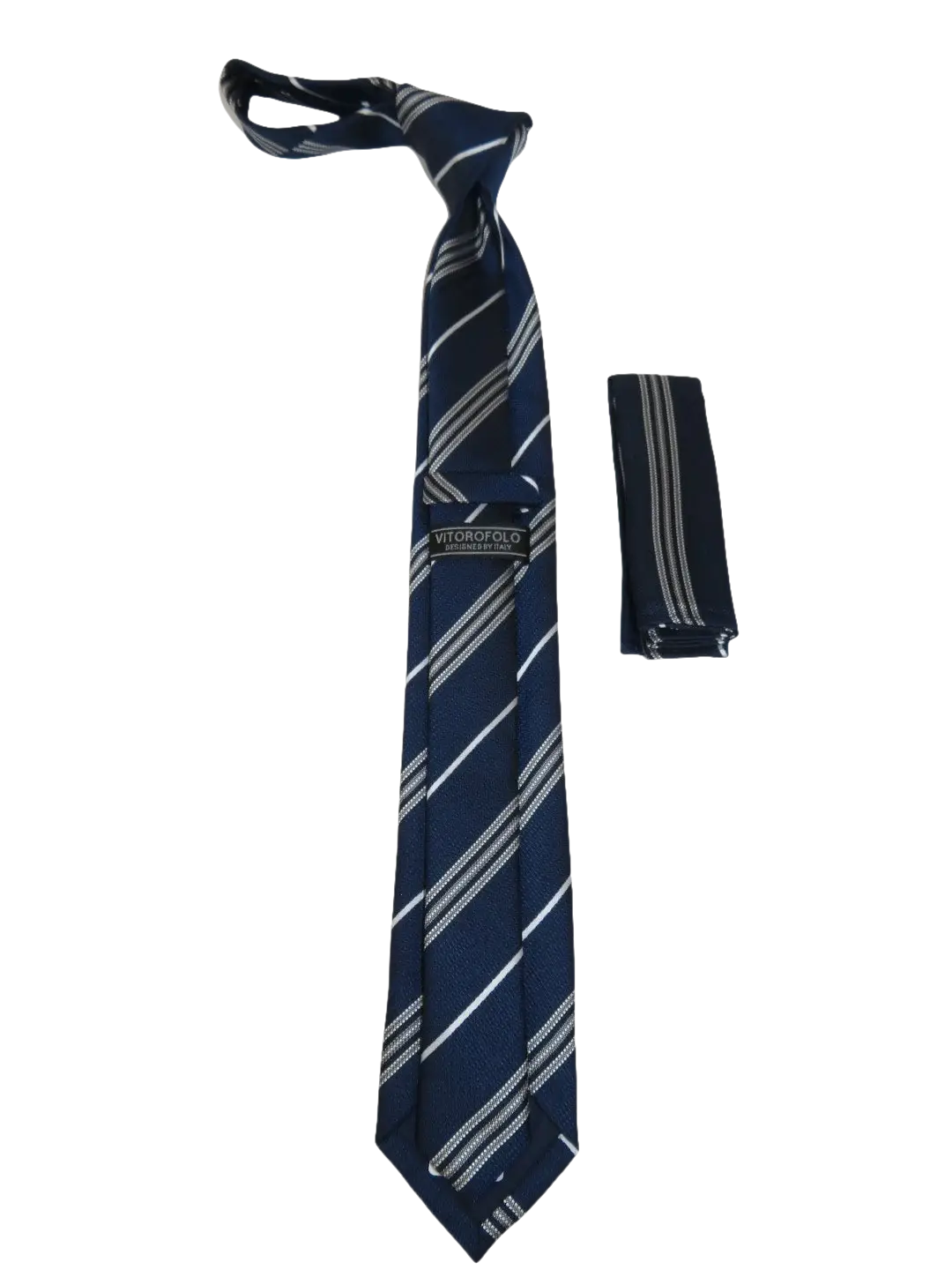 Mens Narrow Tie/Hankie Set Woven Vito Rofolo VTR-101 Navy White Stripe