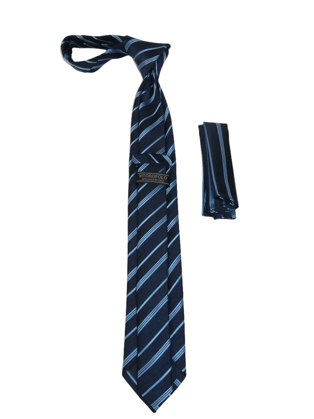 Mens Narrow Tie/Hankie Set Woven Vito Rofolo VTR-102 Navy Blue Stripe