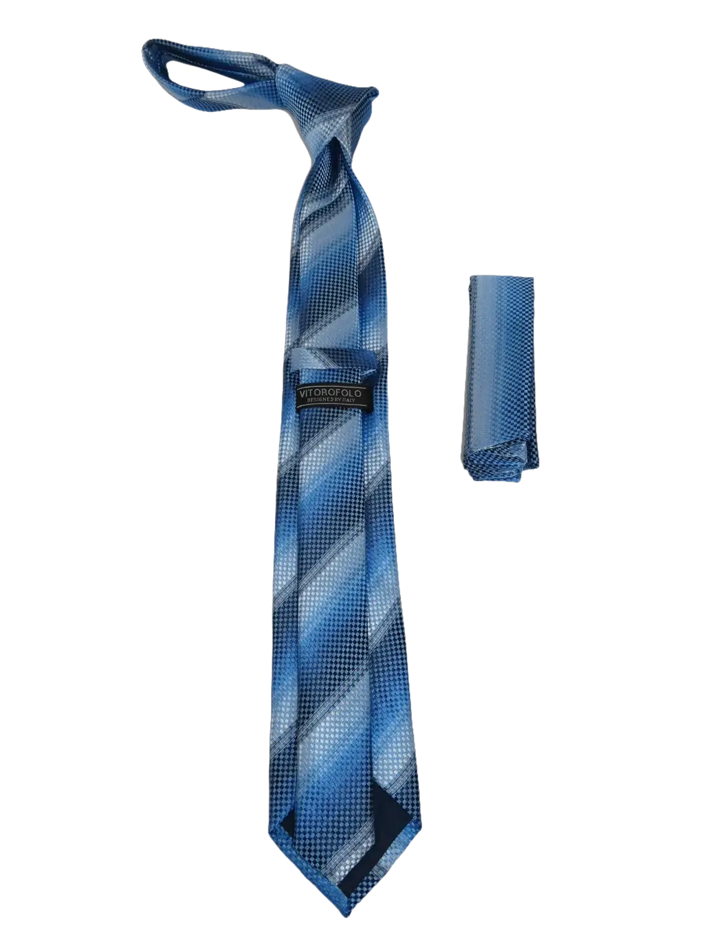 Mens Narrow Tie/Hankie Set Woven Vito Rofolo VTR-103 Blue Pique Stripe