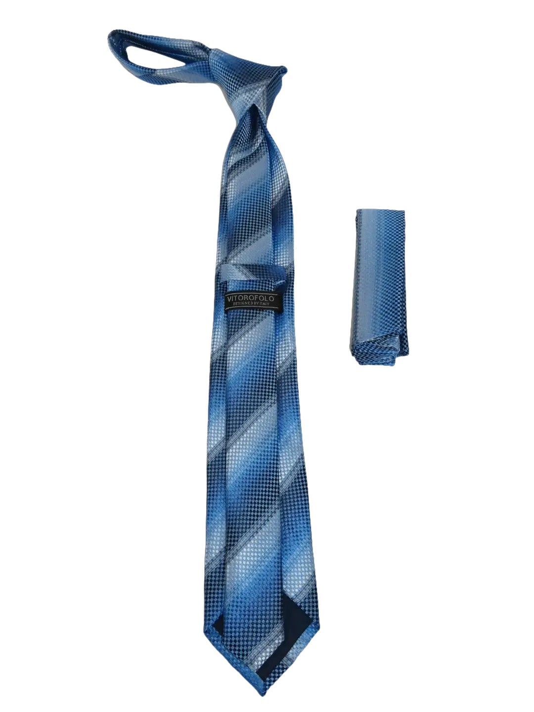 Mens Narrow Tie/Hankie Set Woven Vito Rofolo VTR-103 Blue Pique Stripe