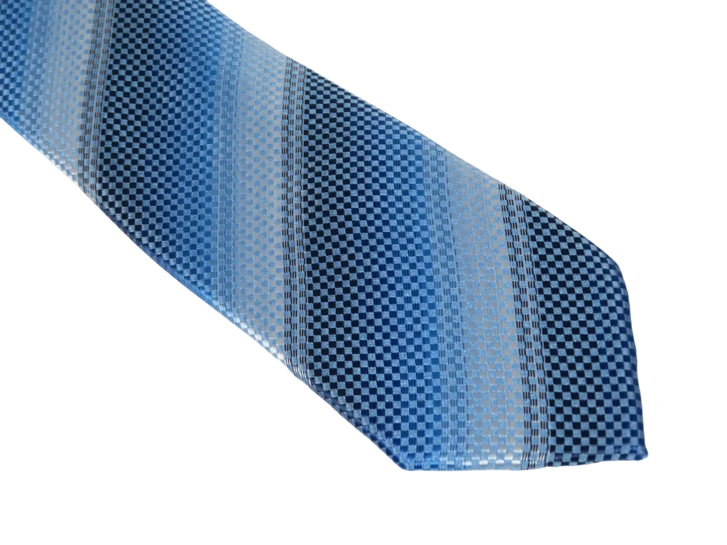Mens Narrow Tie/Hankie Set Woven Vito Rofolo VTR-103 Blue Pique Stripe