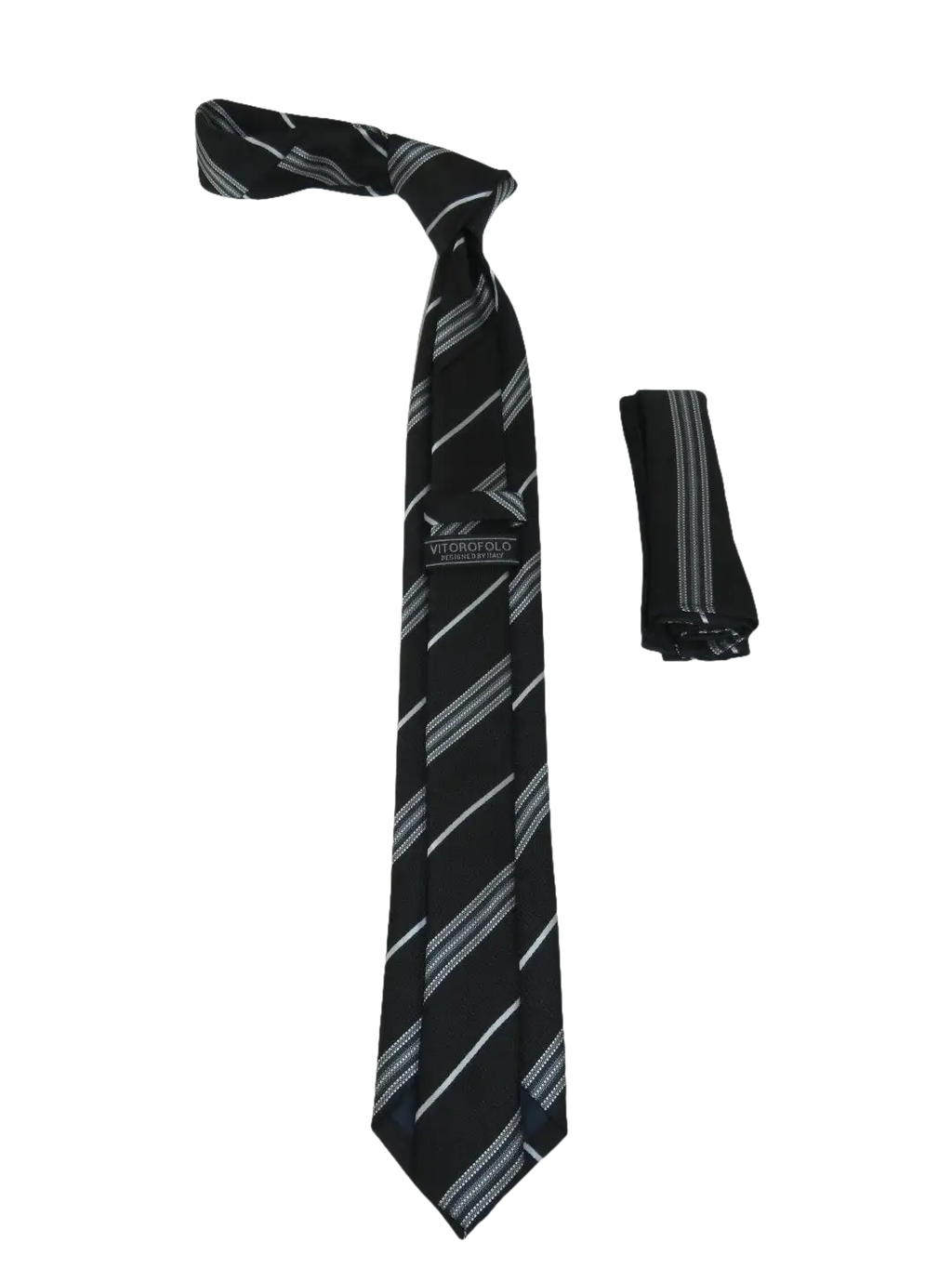 Mens Narrow Tie/Hankie Set Woven Vito Rofolo VTR-107 Black White Stripe