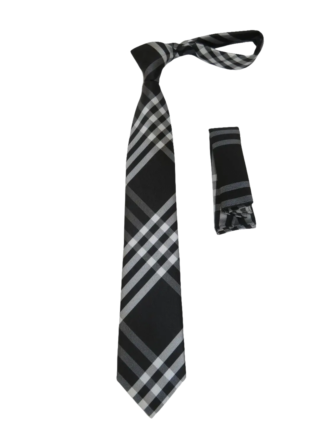 Mens Narrow Tie/Hankie Set Woven Vito Rofolo VTR-108 Black White Plaid