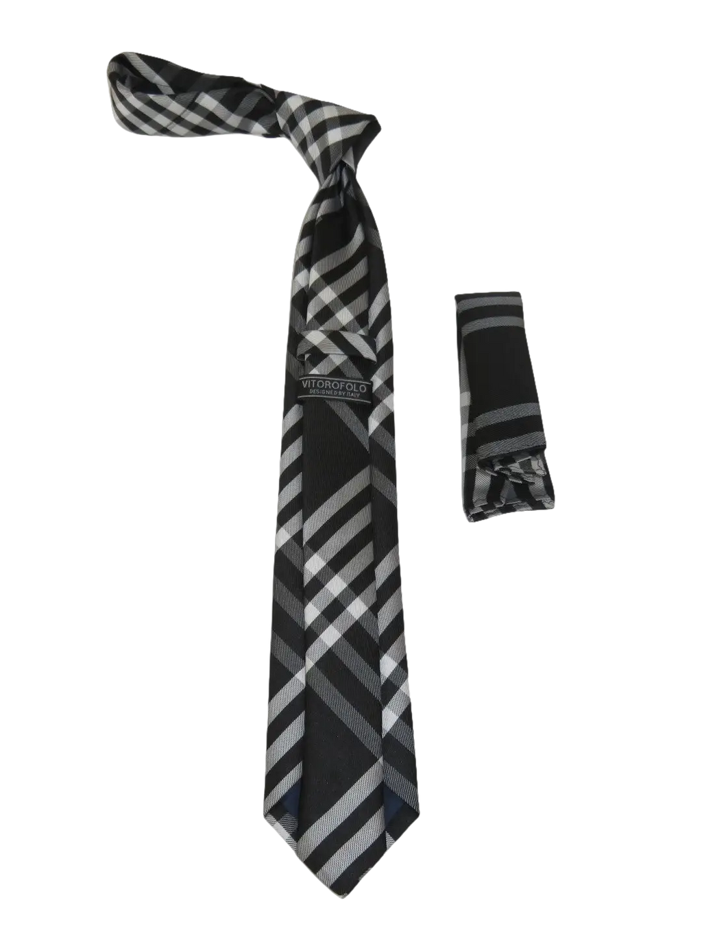 Mens Narrow Tie/Hankie Set Woven Vito Rofolo VTR-108 Black White Plaid