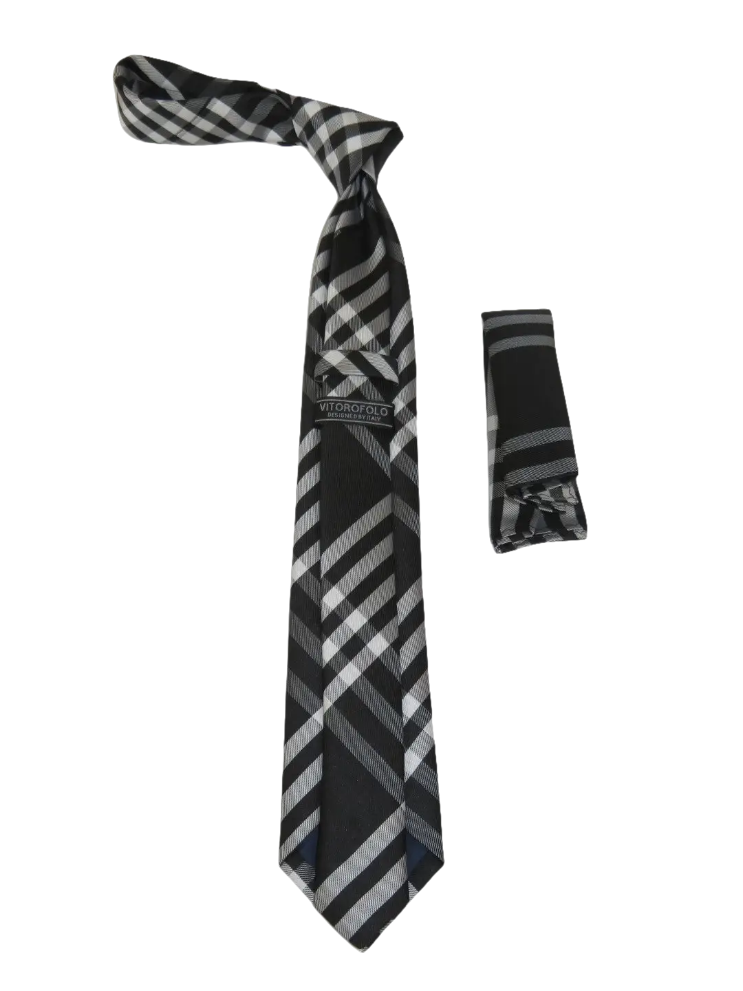 Mens Narrow Tie/Hankie Set Woven Vito Rofolo VTR-108 Black White Plaid