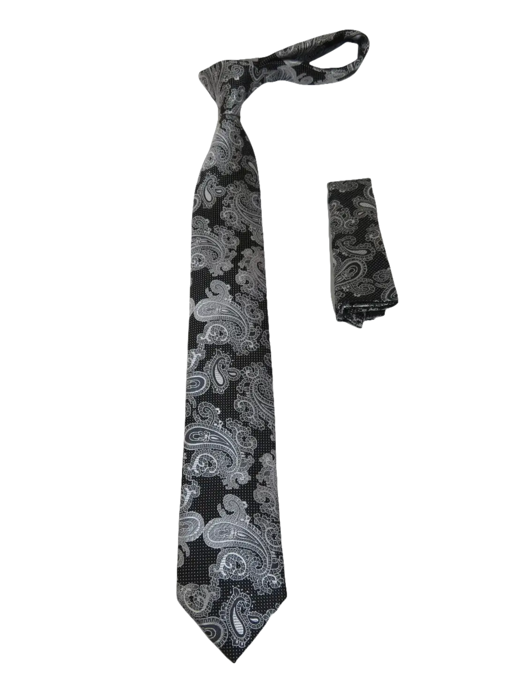 Mens Narrow Tie/Hankie Set Woven Vito Rofolo VTR-109 Black White Paisley
