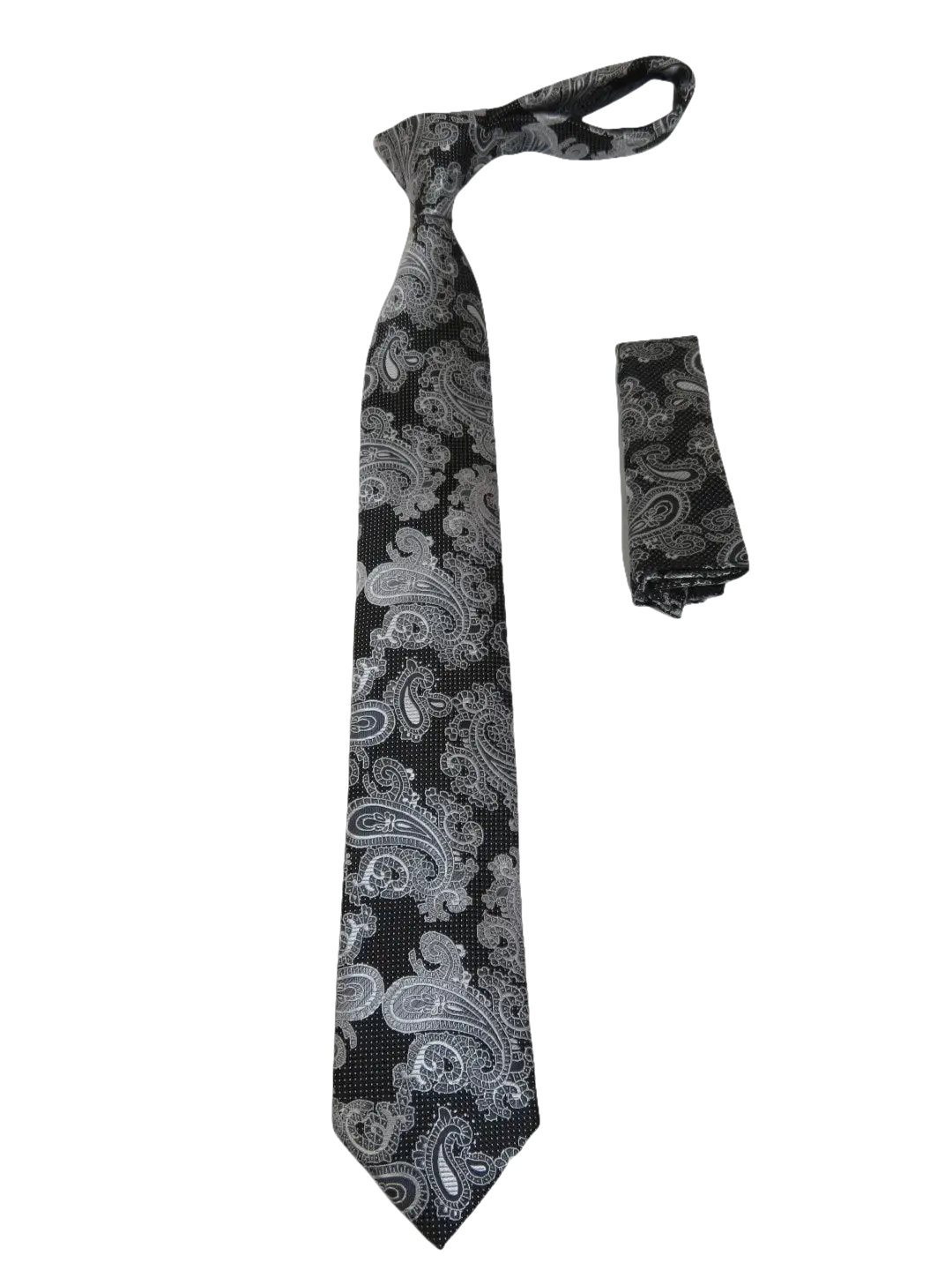 Mens Narrow Tie/Hankie Set Woven Vito Rofolo VTR-109 Black White Paisley