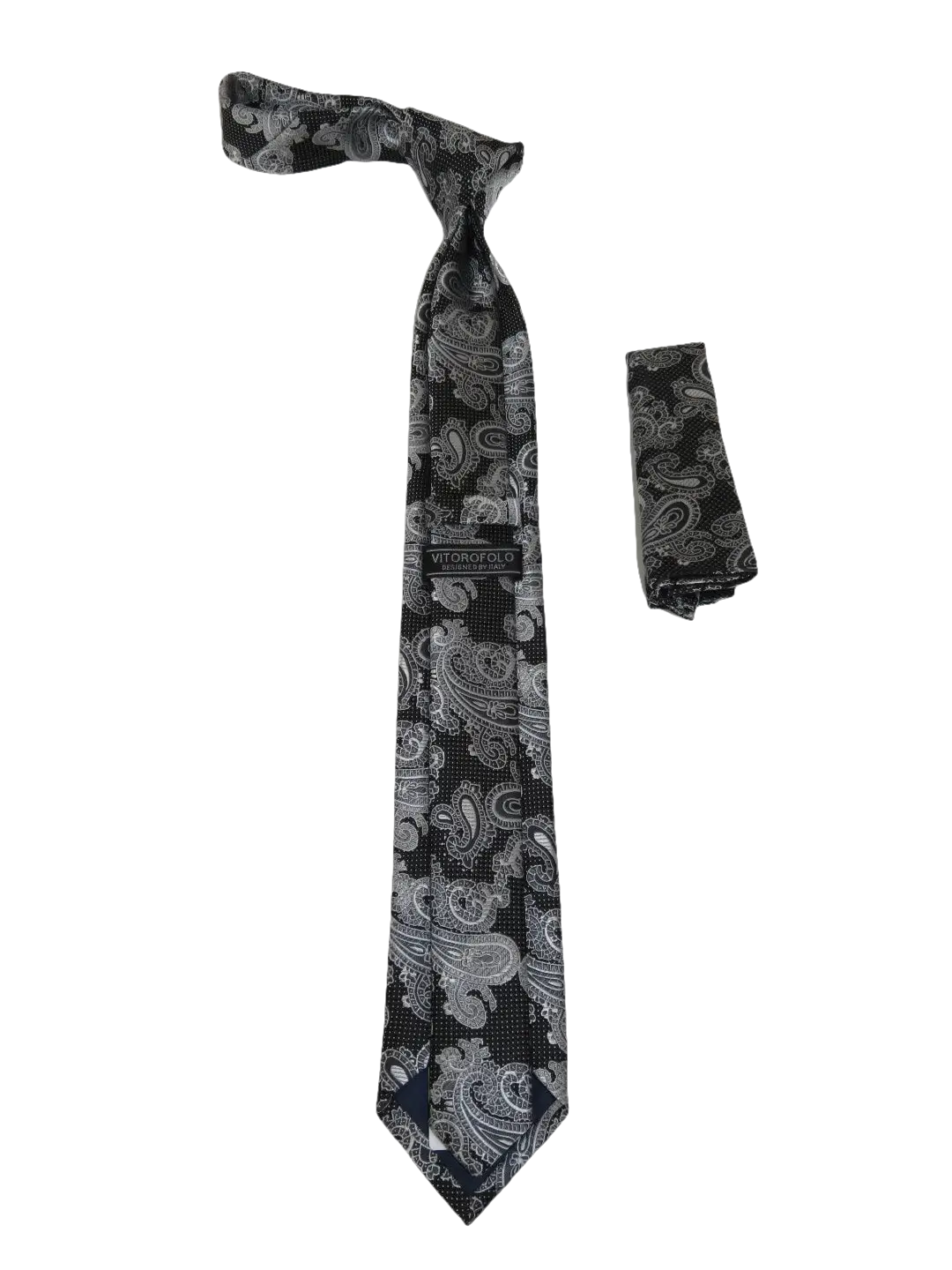 Mens Narrow Tie/Hankie Set Woven Vito Rofolo VTR-109 Black White Paisley