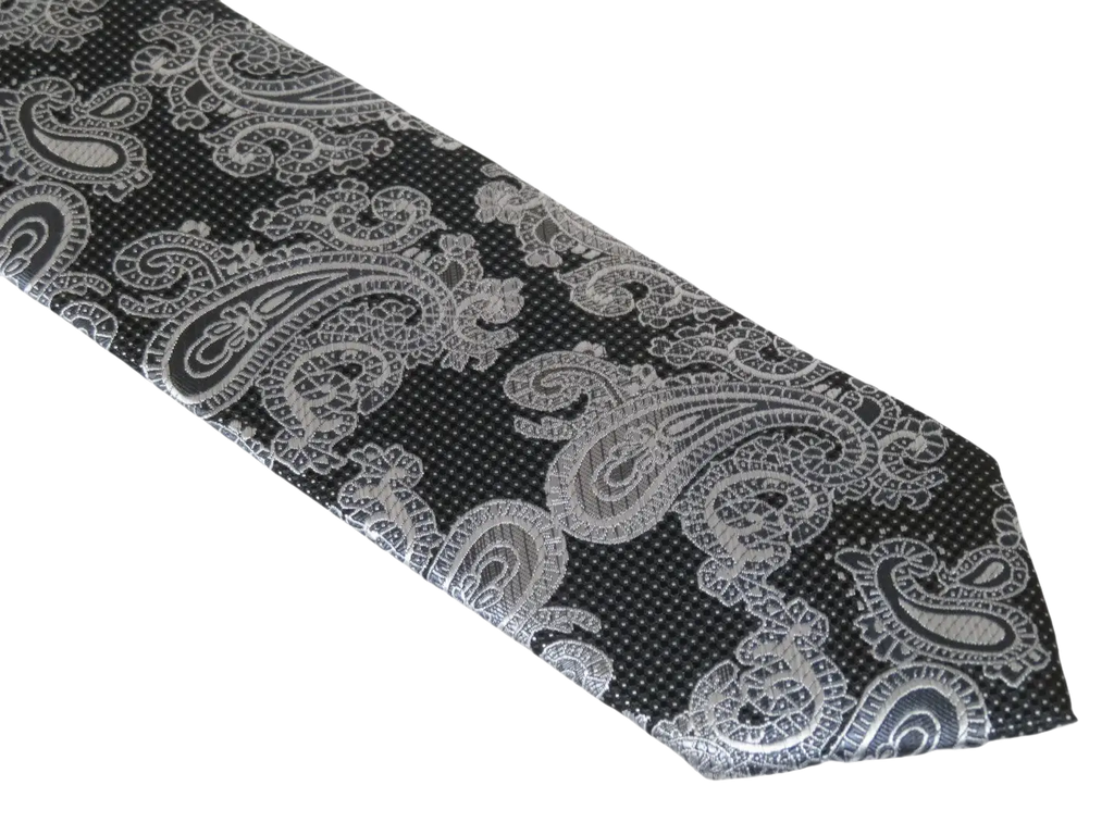 Mens Narrow Tie/Hankie Set Woven Vito Rofolo VTR-109 Black White Paisley