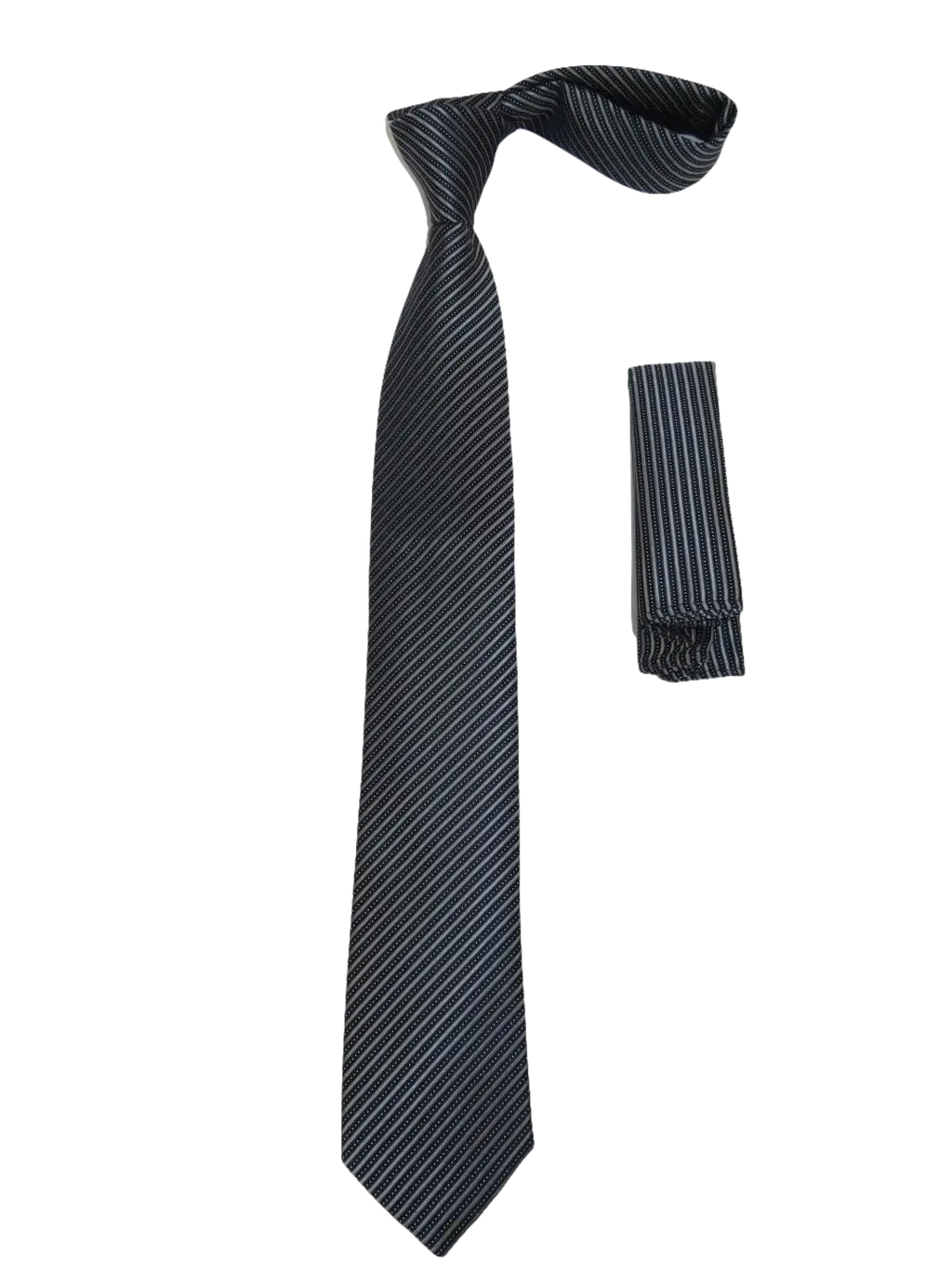 Mens Narrow Tie/Hankie Set Woven Vito Rofolo VTR-110 Black Gray Stripe