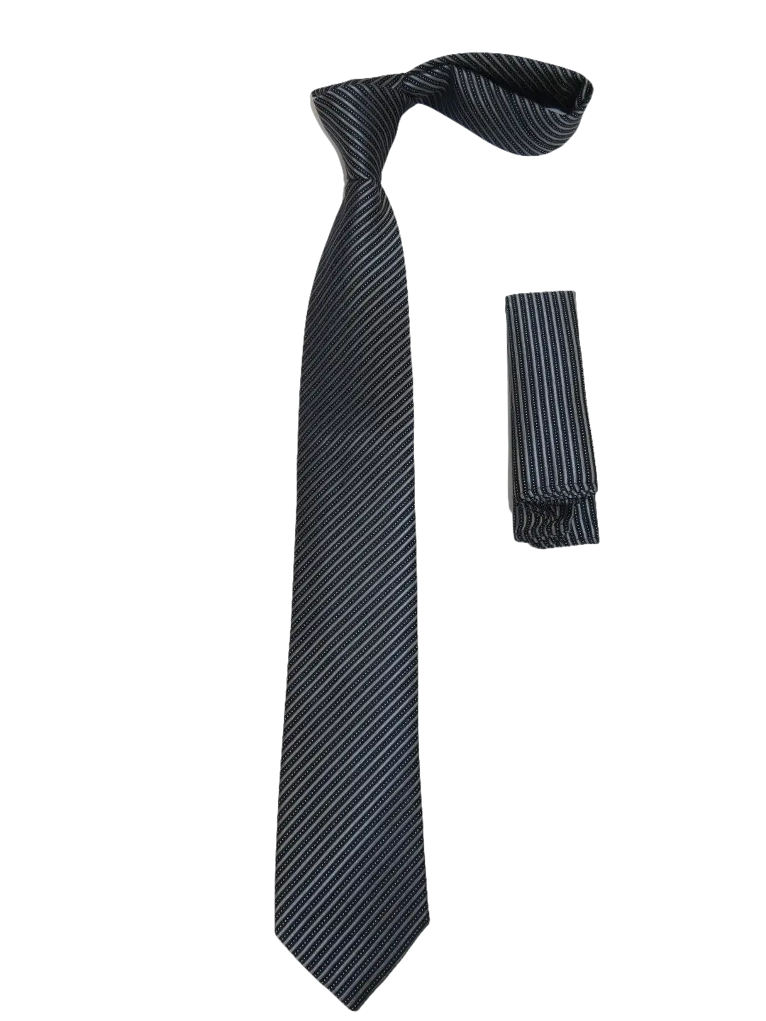 Mens Narrow Tie/Hankie Set Woven Vito Rofolo VTR-110 Black Gray Stripe