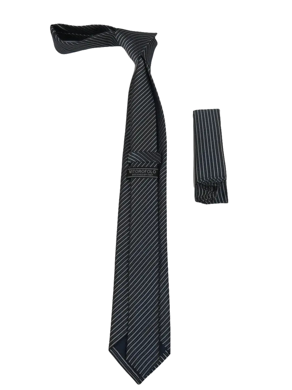 Mens Narrow Tie/Hankie Set Woven Vito Rofolo VTR-110 Black Gray Stripe