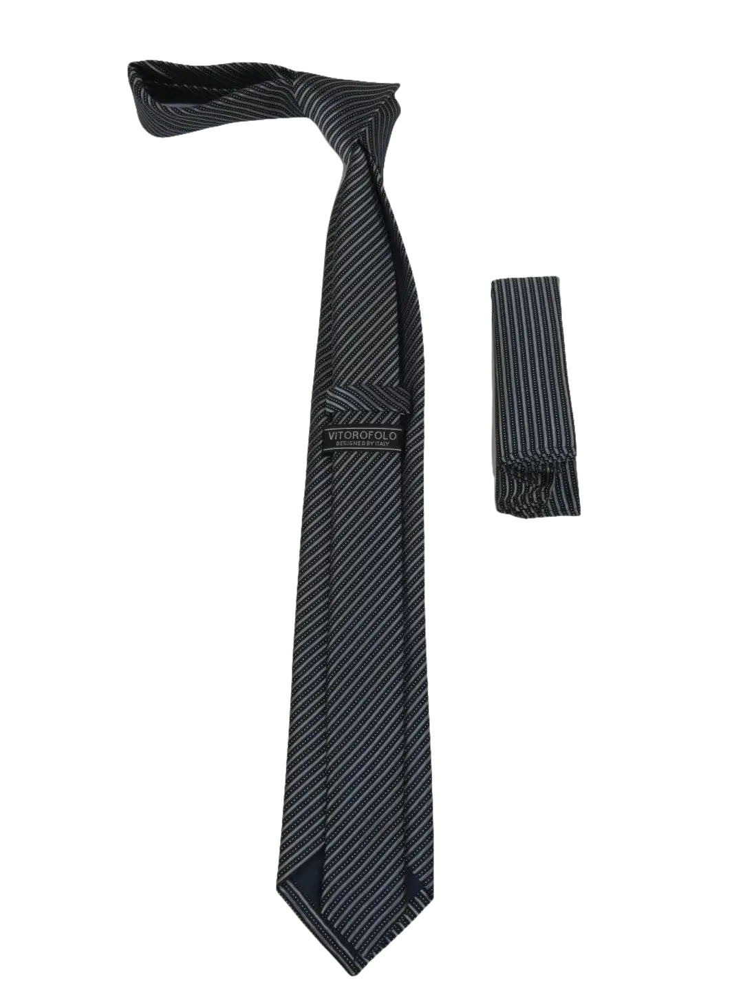 Mens Narrow Tie/Hankie Set Woven Vito Rofolo VTR-110 Black Gray Stripe