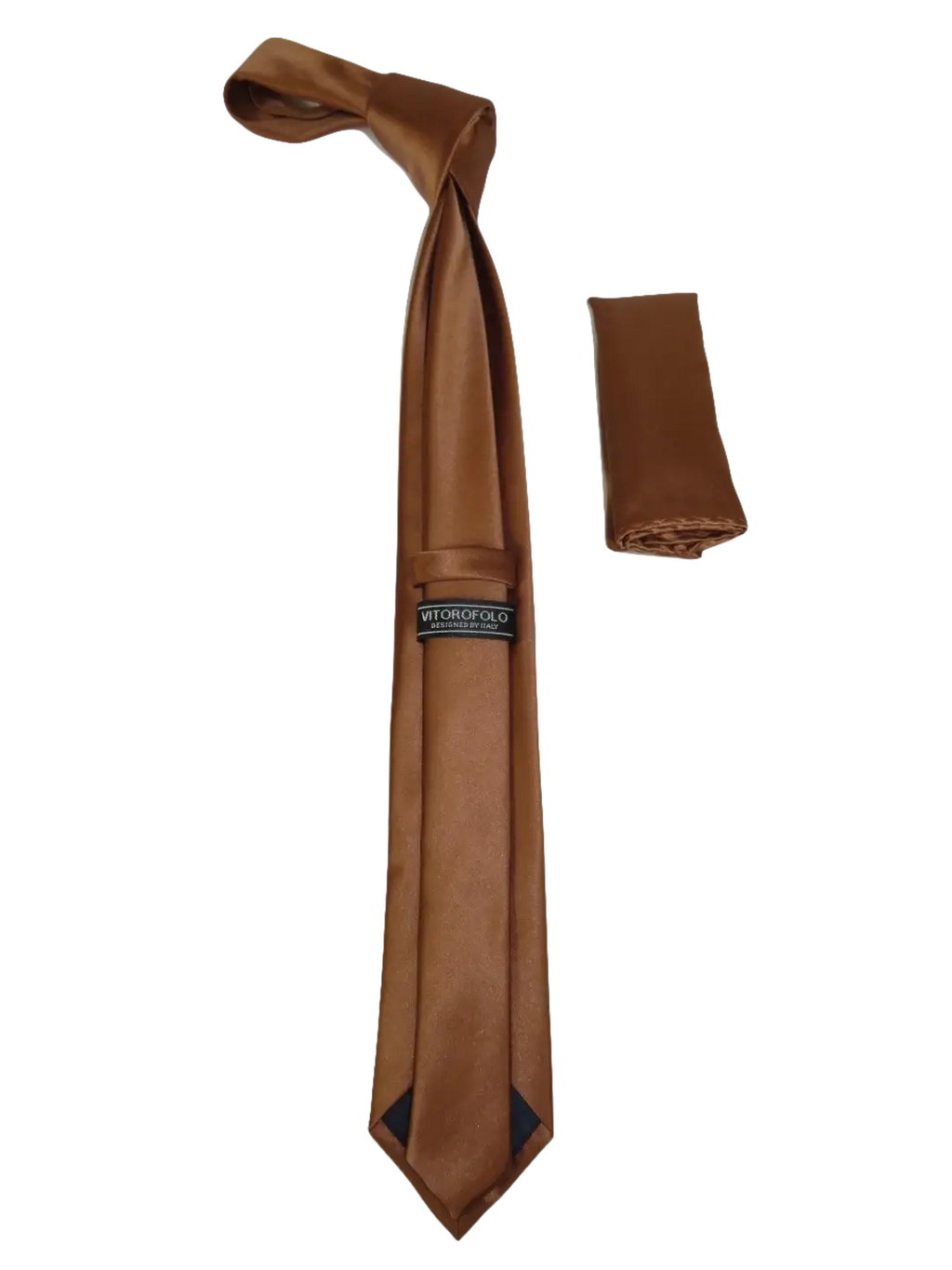 Mens Narrow Tie/Hankie Set Satin Silky Vito Rofolo VTR-96 Cognac Brown
