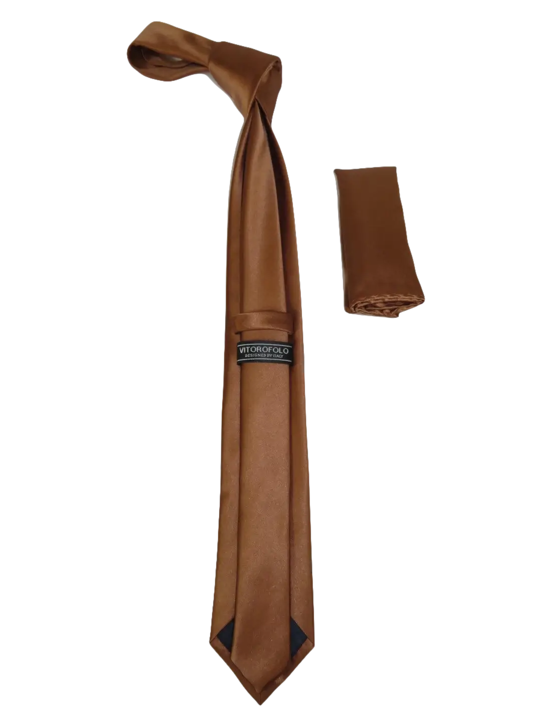 Mens Narrow Tie/Hankie Set Satin Silky Vito Rofolo VTR-96 Cognac Brown