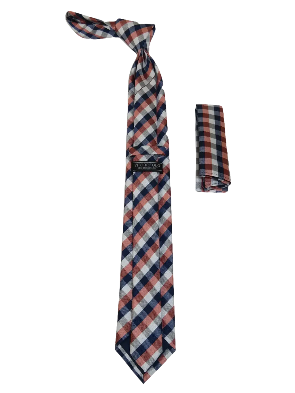 Mens Narrow Tie/Hankie Set Woven Vito Rofolo VTR-100 Rust Navy Checker