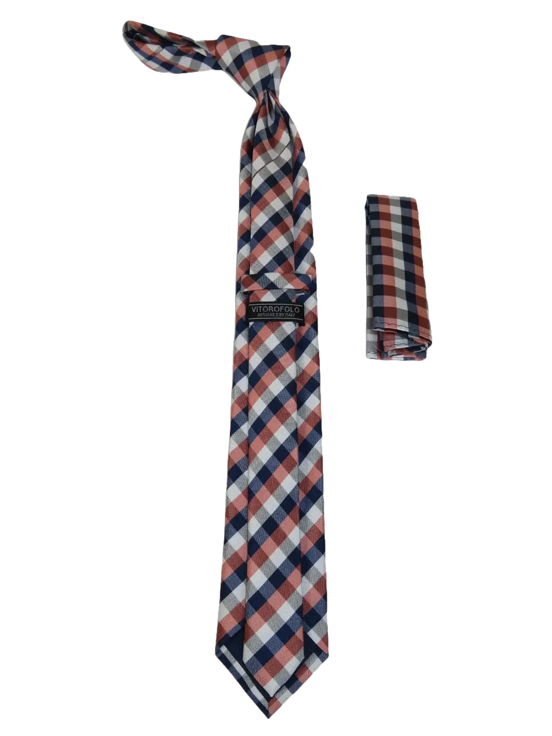 Mens Narrow Tie/Hankie Set Woven Vito Rofolo VTR-100 Rust Navy Checker
