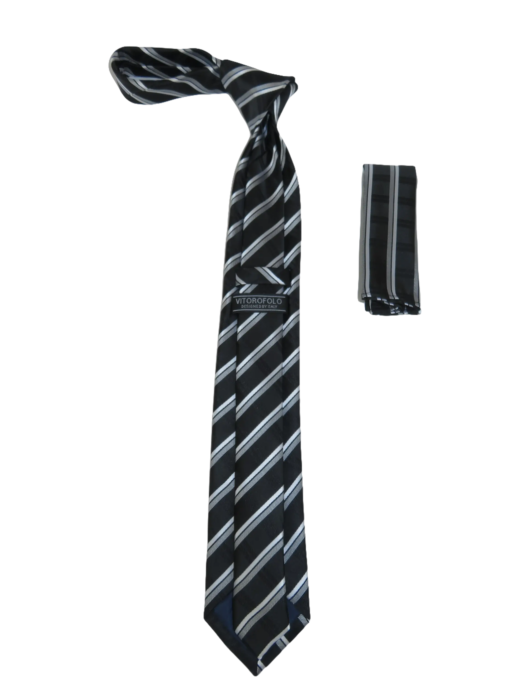 Mens Narrow Tie/Hankie Set Woven Vito Rofolo VTR-106 Black White Stripe