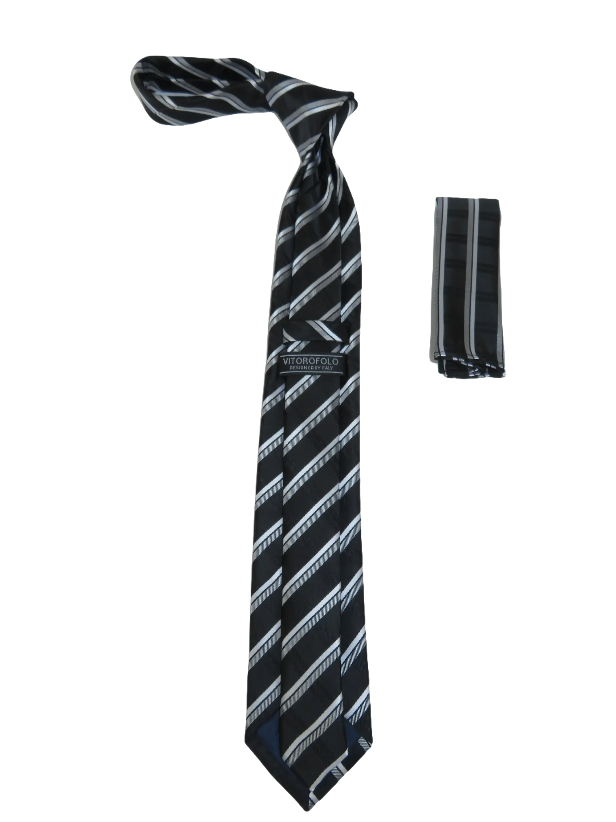 Mens Narrow Tie/Hankie Set Woven Vito Rofolo VTR-106 Black White Stripe