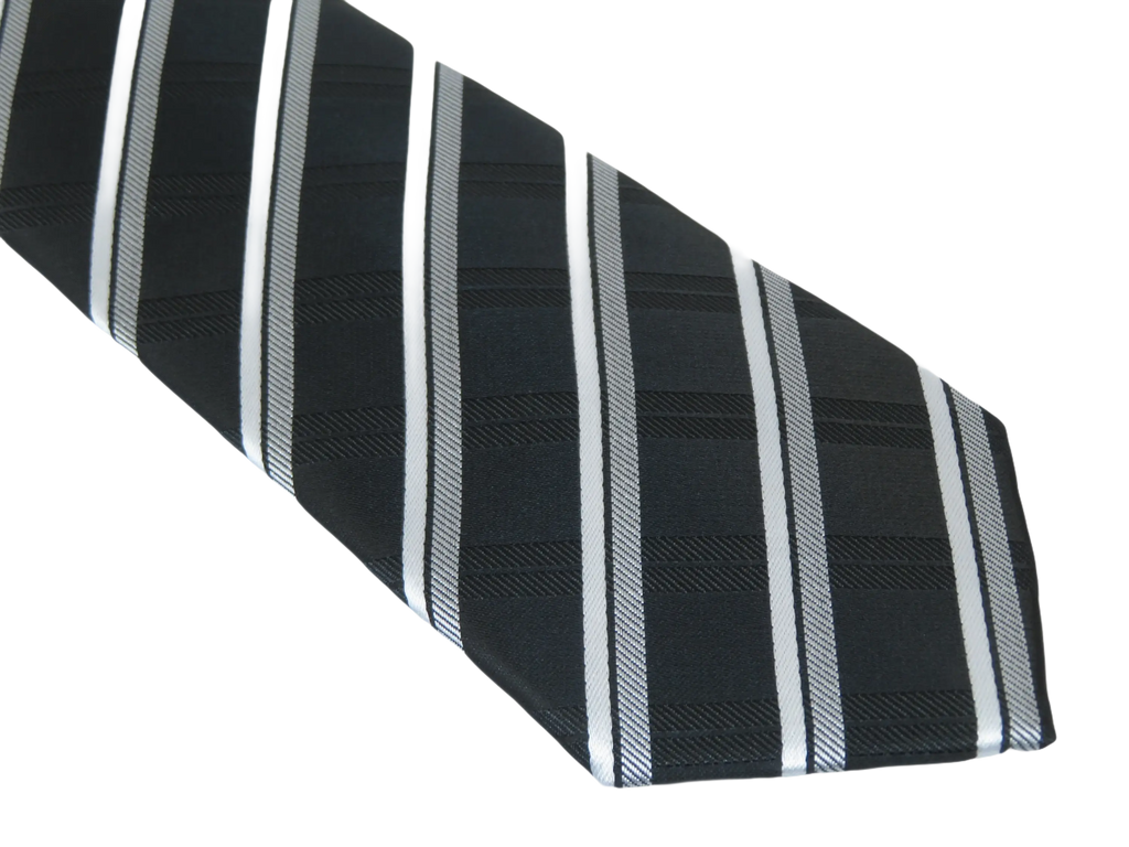 Mens Narrow Tie/Hankie Set Woven Vito Rofolo VTR-106 Black White Stripe