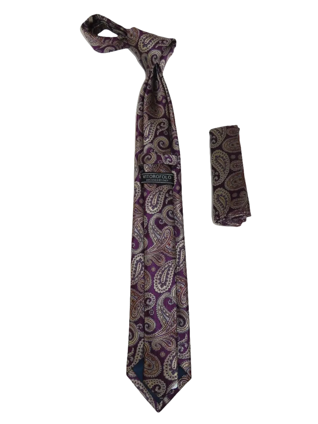Mens Narrow Tie/Hankie Set Woven Vito Rofolo VTR-111 Wine Tan Paisley